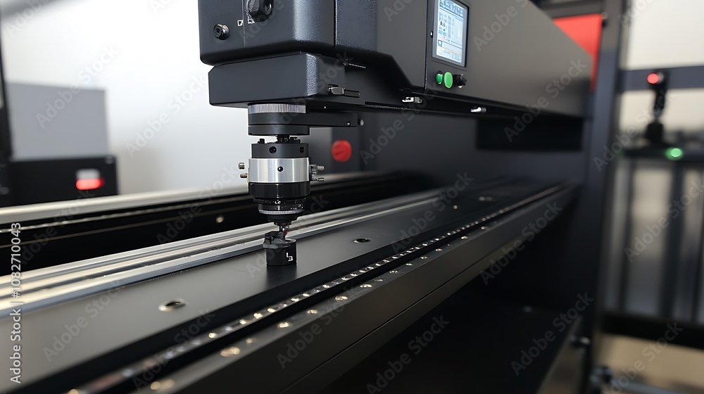 A close-up of a precision CNC machine tool, showcasing its cutting mechanism and rail system. A close-up of a precision CNC machine tool, showcasing its cutting mechanism and rail system.