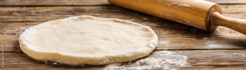 A rolling pin spreading dough sprinkled with flour in a warmly lit kitchen A rolling pin spreading dough sprinkled with flour in a warmly lit kitchen