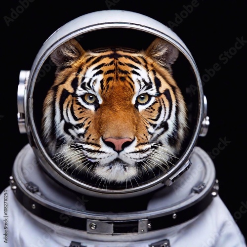 Extreme macro portrait tiger in helmet astronaut in cosmonaut suit exploring outer space universe photo