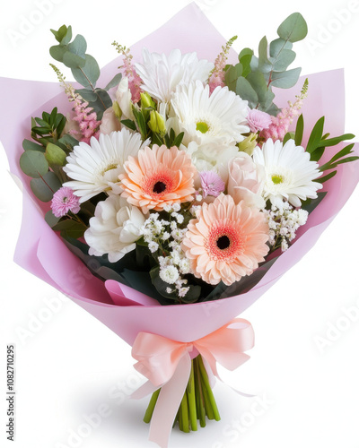 beautiful bouquet of white and pink gerbera daisies, mixed with greenery and delicate flowers, perfect for any occasion. This arrangement exudes freshness and joy