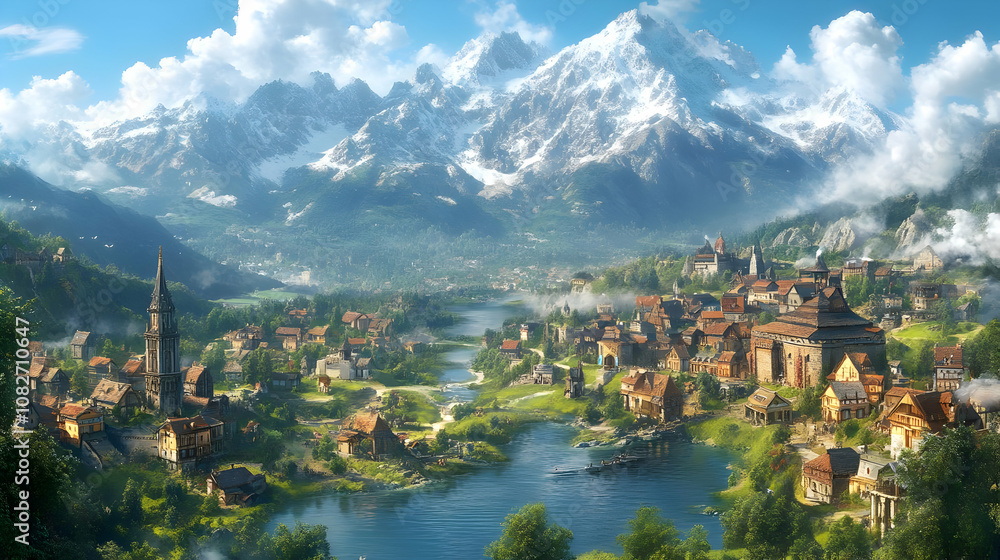 Fototapeta premium Illustration of Medieval Town by River and Snow Mountains