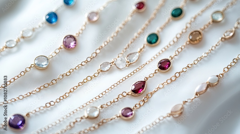 Obraz premium Delicate Multicolored Gemstone Necklaces on White Fabric Background Showcasing Elegant Jewelry Craftsmanship and Fashion Accessories for Women