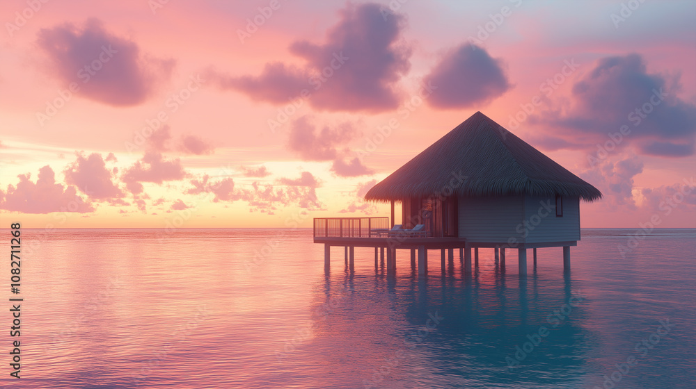 Tropical Overwater Bungalow with Pink Sunset and Calm Ocean. Tropical Overwater Bungalow with Pink Sunset and Calm Ocean.
