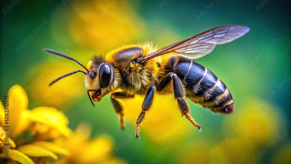 Vibrant yellow and black bee in mid-flight, showcasing incredible pollinator skills in stunning macro detail Vibrant yellow and black bee in mid-flight, showcasing incredible pollinator skills in stunning macro detail