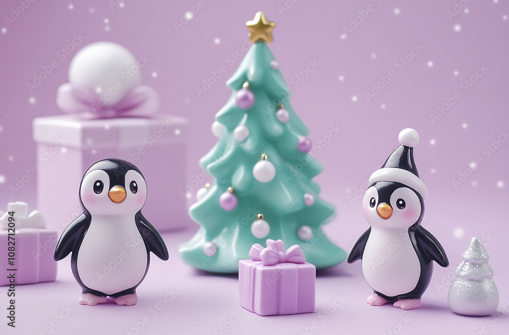 Fototapeta premium Two penguins stand near a decorated Christmas tree and presents on a purple surface with falling snow