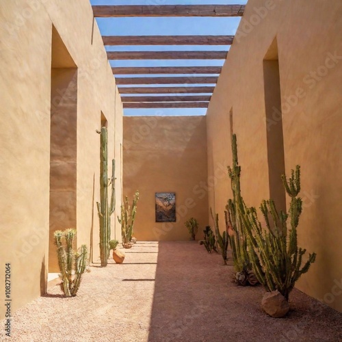 Modern art gallery constructed from rammed earth, seamlessly merging with desert landscape dotted with cacti. photo