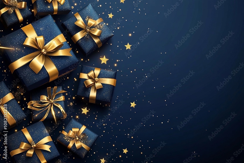Cascade of luxurious gift boxes with golden ribbons and stars on a rich blue background Cascade of luxurious gift boxes with golden ribbons and stars on a rich blue background