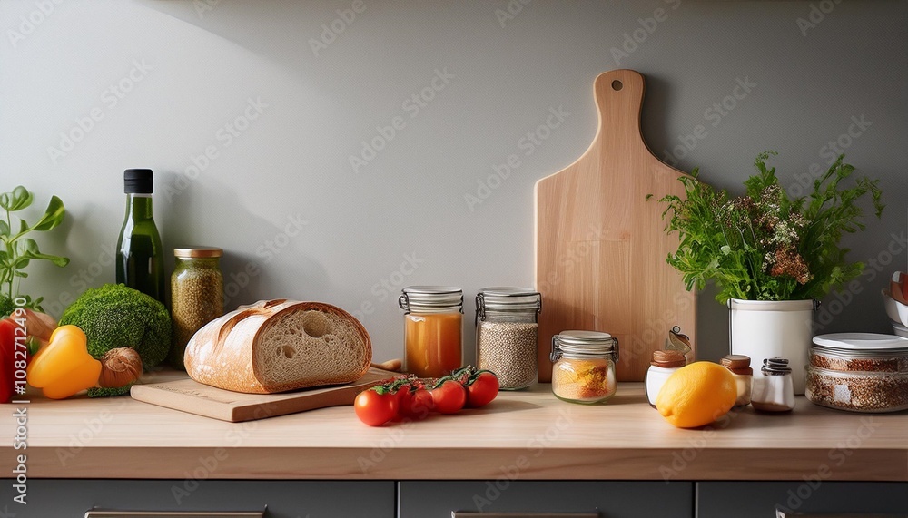 Minimalist Home Kitchen With Freshly Prepared Gluten-Free Bread, Organic Vegetables, and a Variety of Spices and Condiments Ready for a Simple and Healthy Lunch Minimalist Home Kitchen With Freshly Prepared Gluten-Free Bread, Organic Vegetables, and a Variety of Spices and Condiments Ready for a Simple and Healthy Lunch