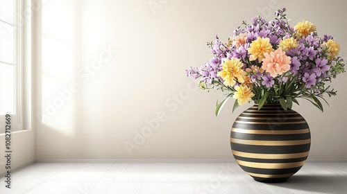 Wallpaper Mural Striking Decor Black and Gold Striped Vase With Vibrant Spring Flowers in a Minimalist Interior Torontodigital.ca