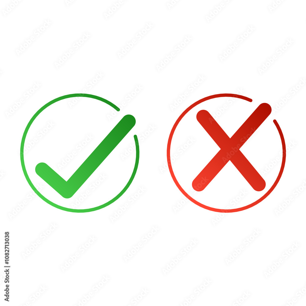 Colored true and false icons inside of thin circles Colored true and false icons inside of thin circles