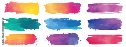 Set colorful grunge brush stroke watercolor ink strokes isolated on transparent background