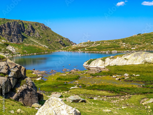 Bulgarian Rila Mountains beautiful landscape with Trilistnika Lake or the Trefoil Lake at the Seven Rila Lakes