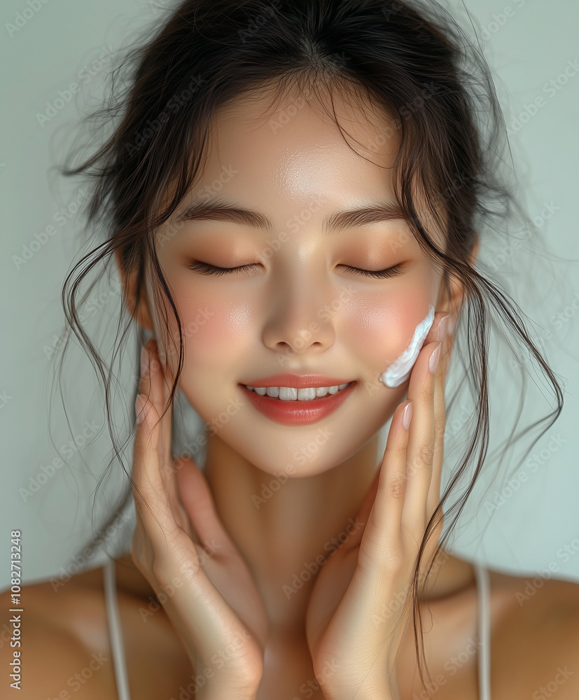 A young Korean woman applying skincare product to her face with a serene smile in a softly lit indoor setting A young Korean woman applying skincare product to her face with a serene smile in a softly lit indoor setting
