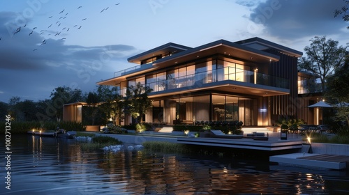 3d rendering of modern house by the river at morning, house, luxury, villa, modern, architecture, building, exterior, residential, property, designer