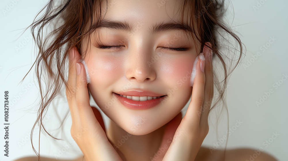 Korean woman with glowing skin enjoying a skincare routine while smiling softly in a bright indoor setting Korean woman with glowing skin enjoying a skincare routine while smiling softly in a bright indoor setting