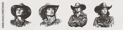 Set of beautiful young cowgirl woman. Vintage engraving vector illustration, isolated object. Portrait of young cowgirl. Cowgirl illustration set, vector western woman portrait, hand drawn Texas girl.