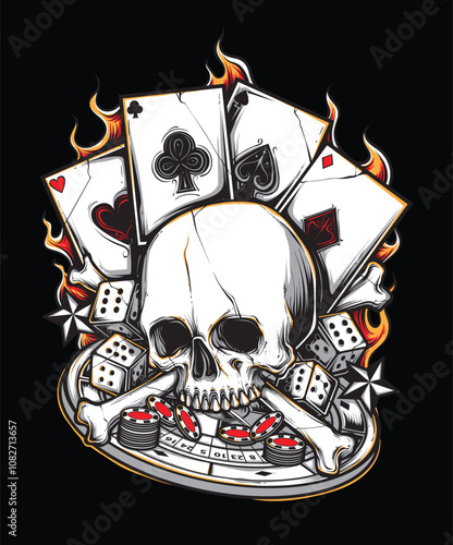 Poker Gambler Bone Skull Illustration T-shirt