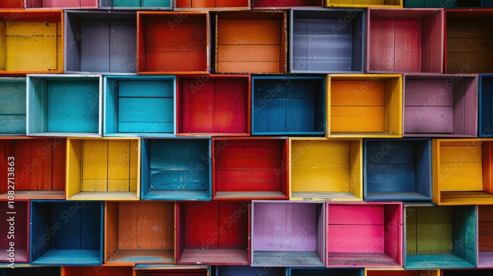 Neatly stacked shelves filled with colorful boxes Neatly stacked shelves filled with colorful boxes
