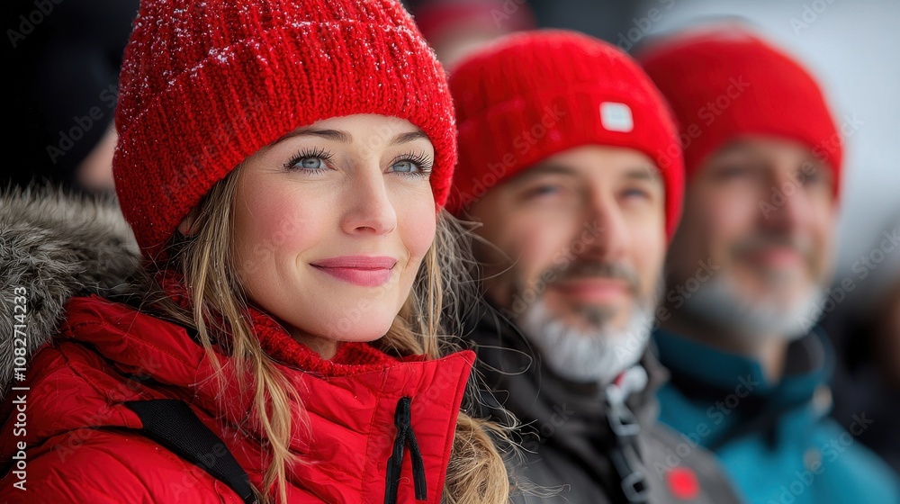 Group of spectators enjoying a snowy winter day wearing red hats at an outdoor event in the mountains Group of spectators enjoying a snowy winter day wearing red hats at an outdoor event in the mountains