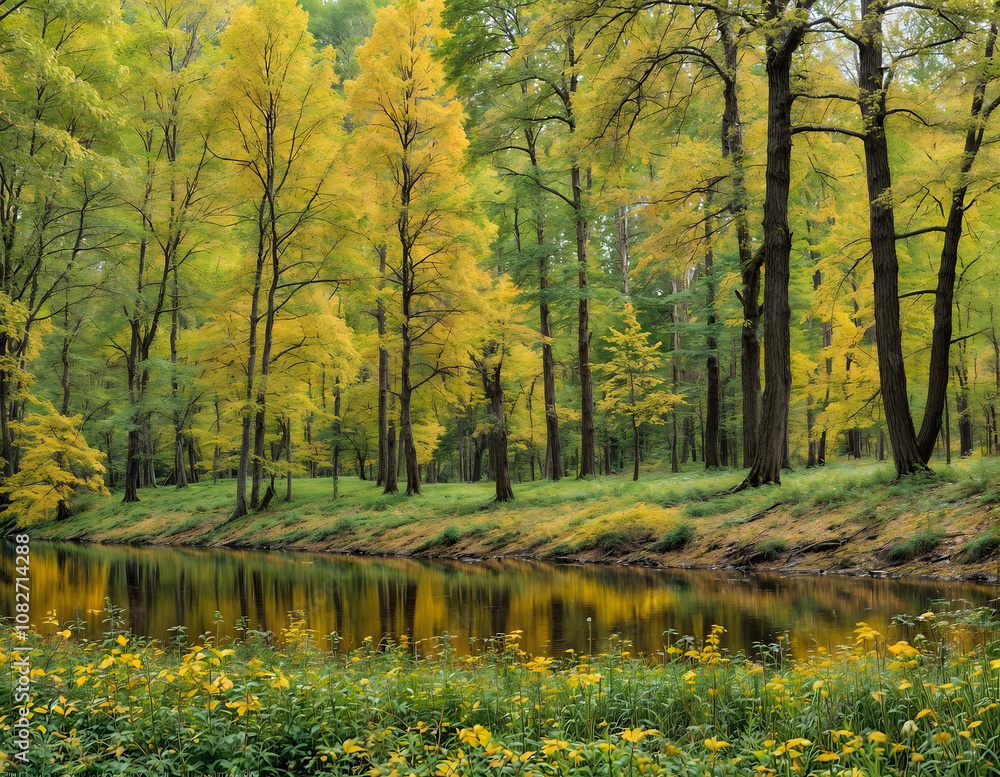 Tranquil autumn forest by a calm river with vibrant yellow foliage Tranquil autumn forest by a calm river with vibrant yellow foliage