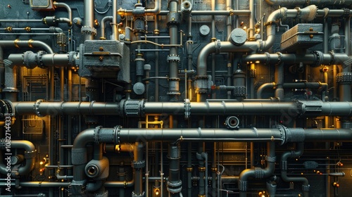 Network of interconnected industrial pipes and valves photo