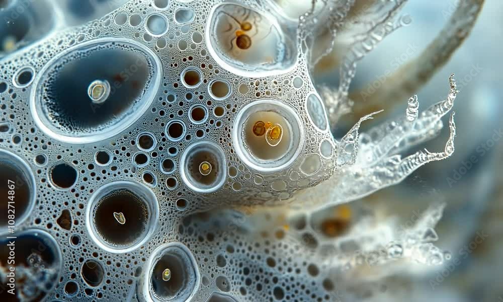 Abstract Close-Up of Microorganisms with Bubbles and Unique Patterns in a Colorful Underwater Scene Evoking the Beauty of Marine Life and Ecosystems Abstract Close-Up of Microorganisms with Bubbles and Unique Patterns in a Colorful Underwater Scene Evoking the Beauty of Marine Life and Ecosystems