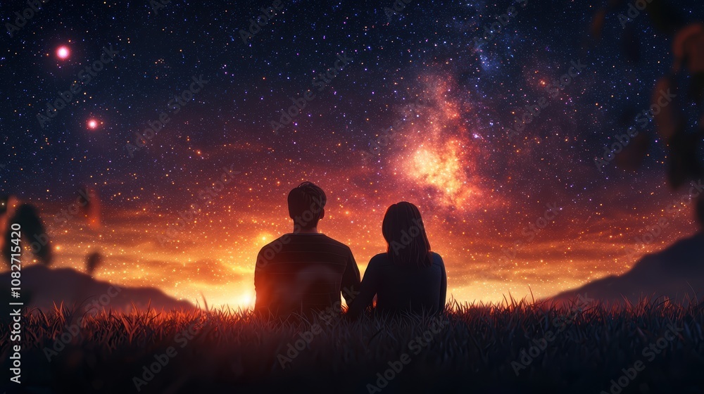 A couple stargazing on a soft grassy hill under a brilliantly clear night sky A couple stargazing on a soft grassy hill under a brilliantly clear night sky
