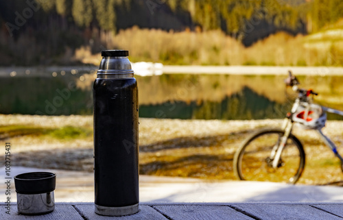 Cycling in a mountain park on a sunny day. photo