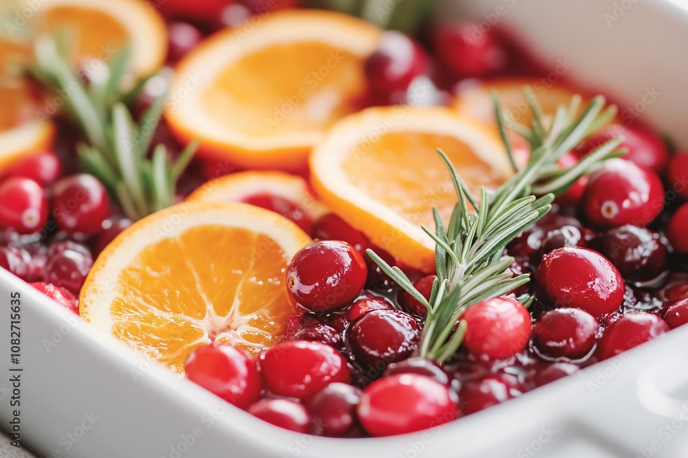 cranberry relish in a white serving dish, garnished with sprigs of rosemary and thin orange slices – elegant, holiday-themed cranberry relish in a white serving dish, garnished with sprigs of rosemary and thin orange slices – elegant, holiday-themed