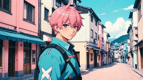 Close-up of a lancer on an aesthetic old town anime background photo