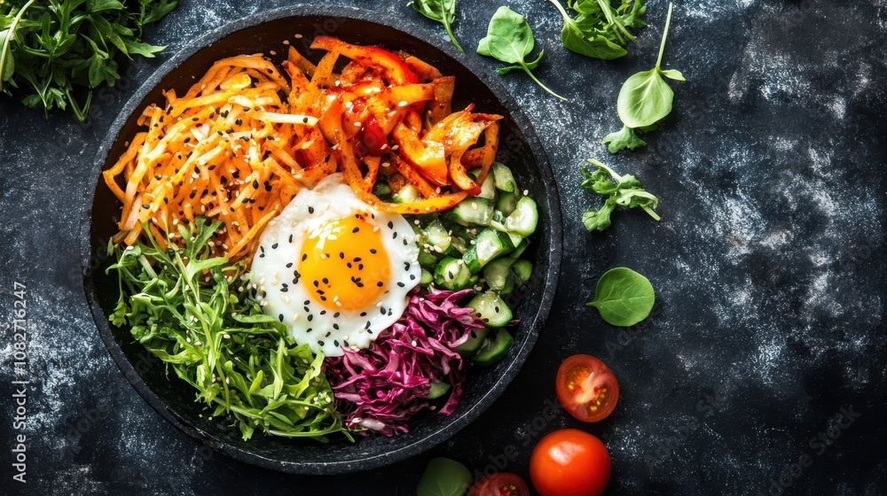 Overhead shot of vibrant Korean bibimbap featuring fresh veggies, rice, and a sunny-side-up egg Overhead shot of vibrant Korean bibimbap featuring fresh veggies, rice, and a sunny-side-up egg