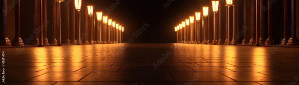 Fototapeta premium A historical village square with cobblestone streets and vintage street lamps glowing softly