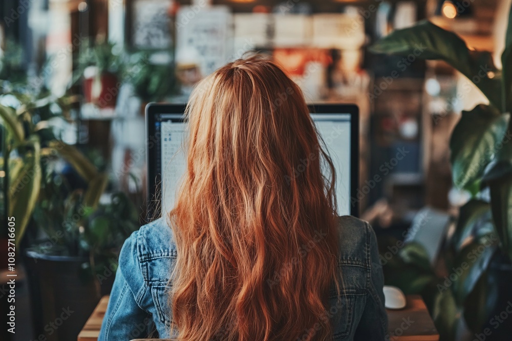 Red-haired girl wearing denim jacket in cozy classroom, seen from behind, focusing on computer screen, natural light, quiet academic setting, calm and thoughtful environment 7 Red-haired girl wearing denim jacket in cozy classroom, seen from behind, focusing on computer screen, natural light, quiet academic setting, calm and thoughtful environment 7