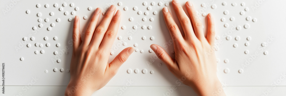 Hands gently touch a smooth white surface with raised Braille dots, symbolizing accessibility and empowerment through touch, in a minimalist and reflective composition. Hands gently touch a smooth white surface with raised Braille dots, symbolizing accessibility and empowerment through touch, in a minimalist and reflective composition.