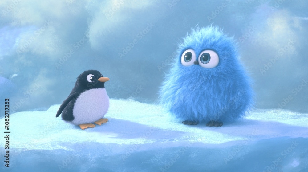 Fototapeta premium Blue furry being playing with a penguin on an ice floe, wearing a small sweater.