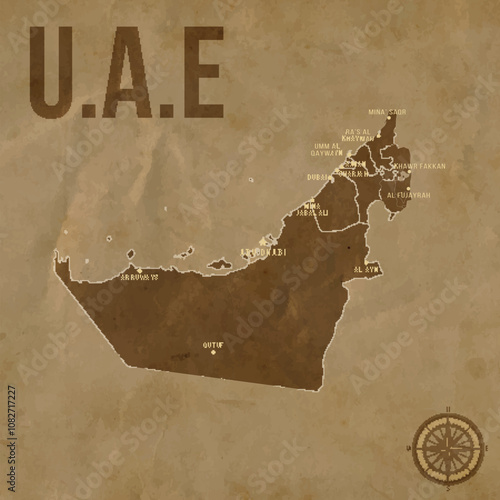 Vintage UAE Map with Regions Borders and Major Cities Positions