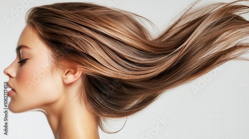 A side profile of a woman with flowing hair captured in motion, showcasing beauty and elegance against a neutral background.