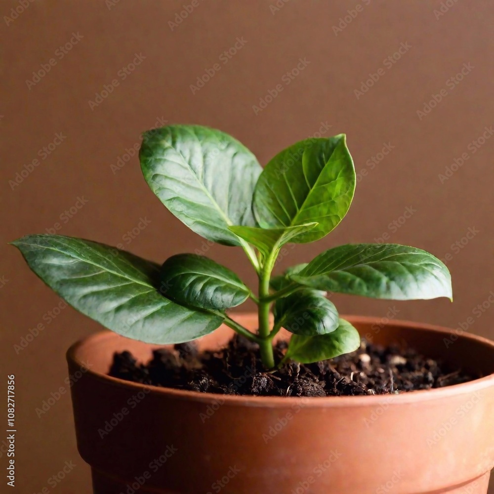 growing green plant in a pot against brown background growing green plant in a pot against brown background
