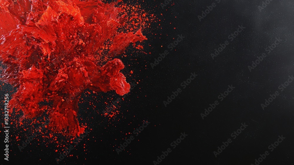 A vivid acrylic splash of fiery reds and oranges against a stark black background A vivid acrylic splash of fiery reds and oranges against a stark black background