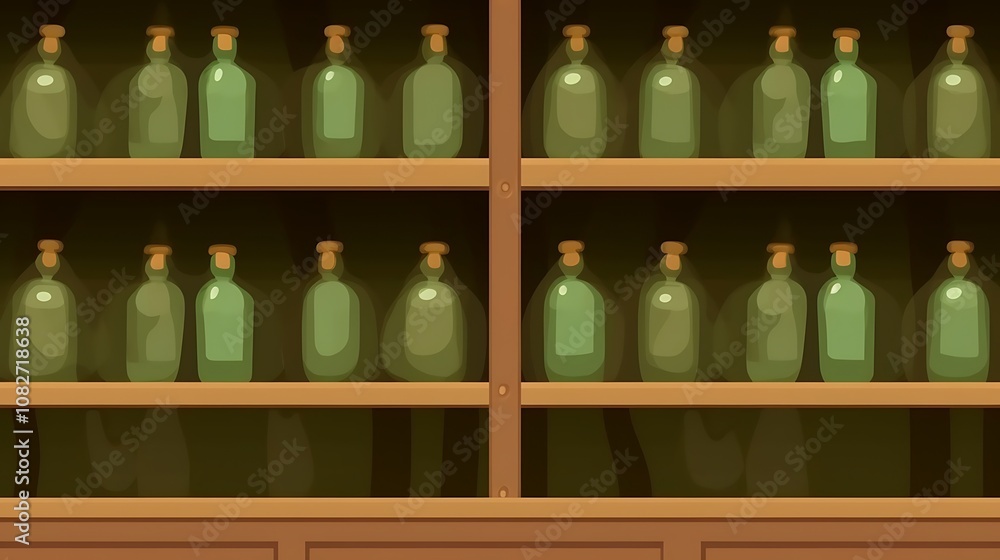 A Shelf of Glass Bottles with Cork Tops A Shelf of Glass Bottles with Cork Tops