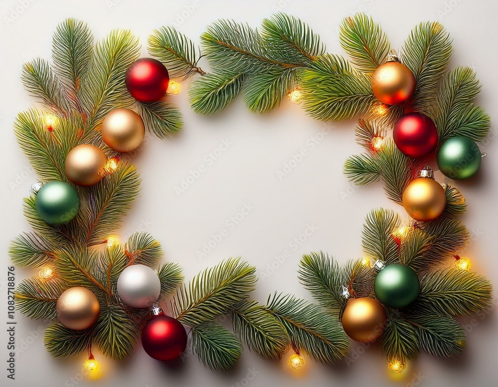 Marco navideño colorido, con ramas de arbol de navidad, bolas y luces de colores, espacio para texto Marco navideño colorido, con ramas de arbol de navidad, bolas y luces de colores, espacio para texto