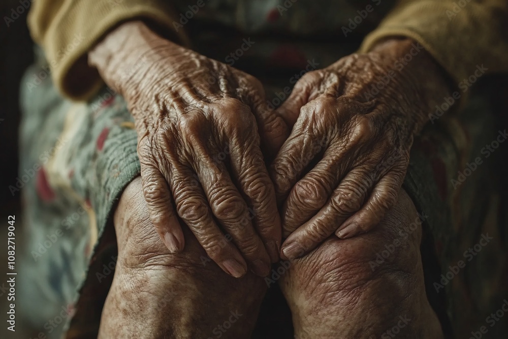 Fototapeta premium Old woman’s sore knee with wrinkled hands, close-up, warm color tone, aged skin texture, focus on joint 1