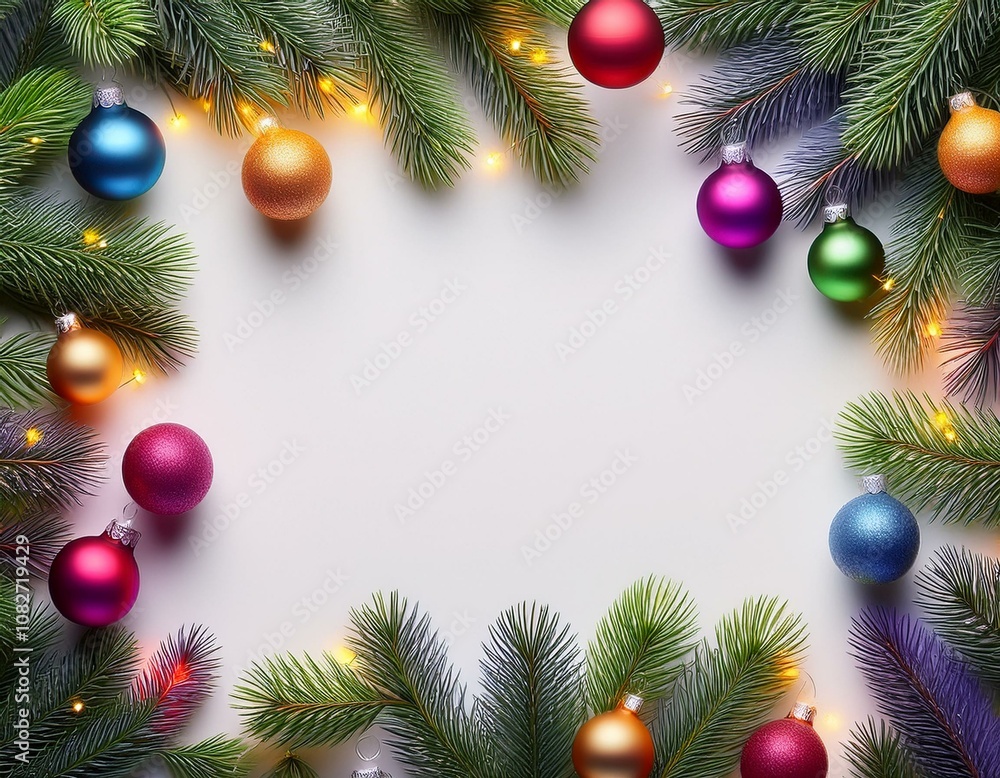 Marco navideño colorido, con ramas de arbol de navidad, bolas y luces de colores, espacio para texto Marco navideño colorido, con ramas de arbol de navidad, bolas y luces de colores, espacio para texto