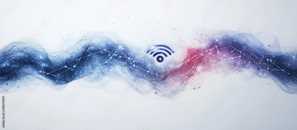 Fototapeta premium Abstract digital background with wifi symbol and glowing blue and red smoke waves.