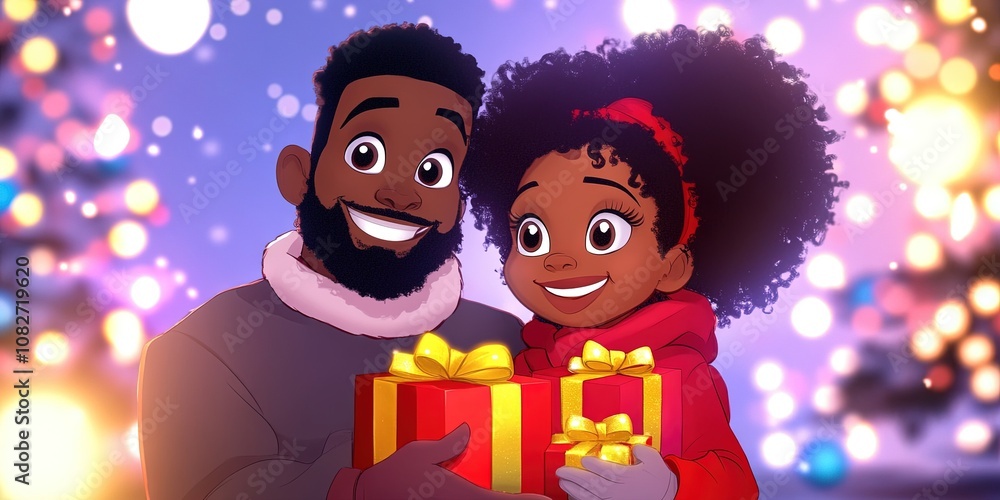 Naklejka premium 2d animated cartoon black family opening christmas presents,