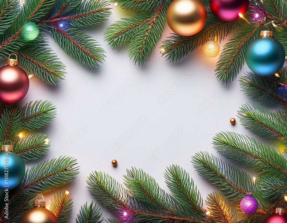 Marco navideño colorido, con ramas de arbol de navidad, bolas y luces de colores, espacio para texto Marco navideño colorido, con ramas de arbol de navidad, bolas y luces de colores, espacio para texto