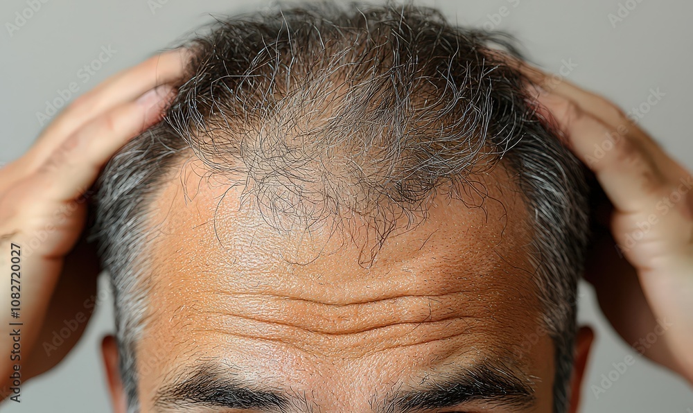 Obraz premium A man with gray hair is holding his head in front of the camera, showing signs of male pattern baldness and double cowlick hairs. 