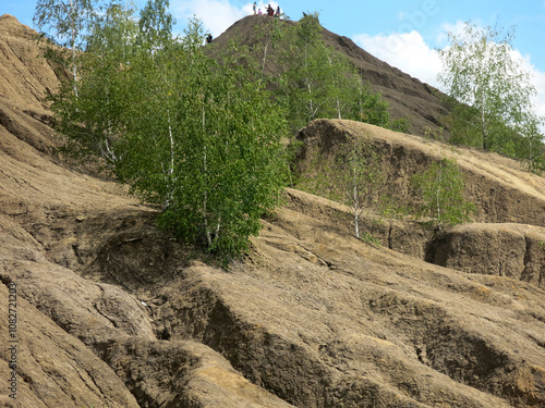 rocks with rare trees and crystal blue water in the Konduki quarry, Tula region, Russia