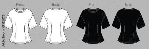 Vector short sleeved blouse fashion CAD, woman jersey top with droped shoulders technical drawing, summer crew neck t-shirt sketch, template. Jersey or woven fabric tee, front, back view, white black