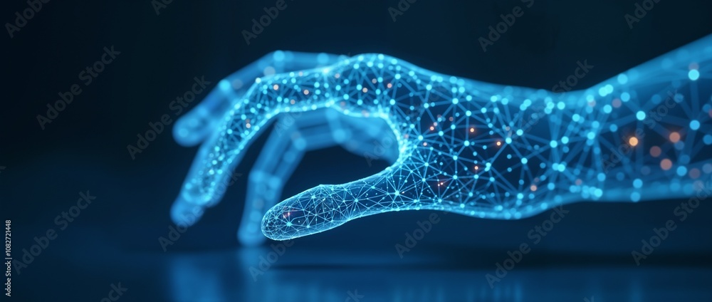 Futuristic wireframe robot hand with low polygonal design and digital glow in blue virtual environment Futuristic wireframe robot hand with low polygonal design and digital glow in blue virtual environment